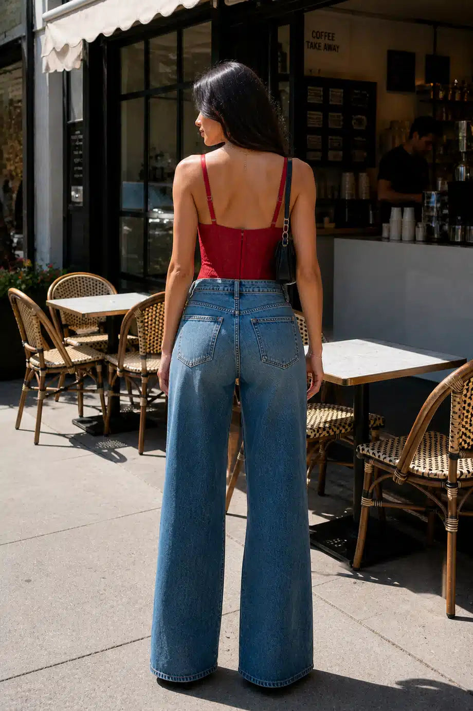 Red Lace Corset & Wide Leg Denim Set