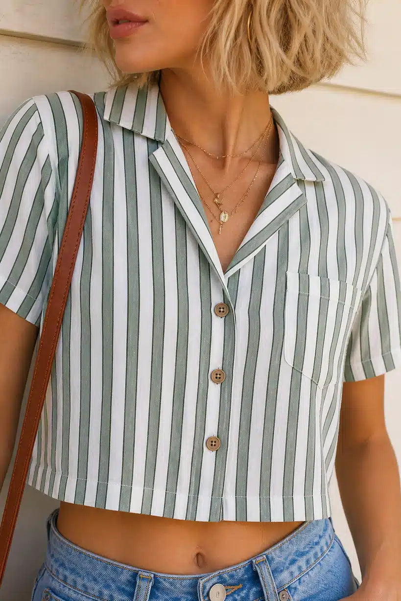 Green Stripe Cropped Shirt