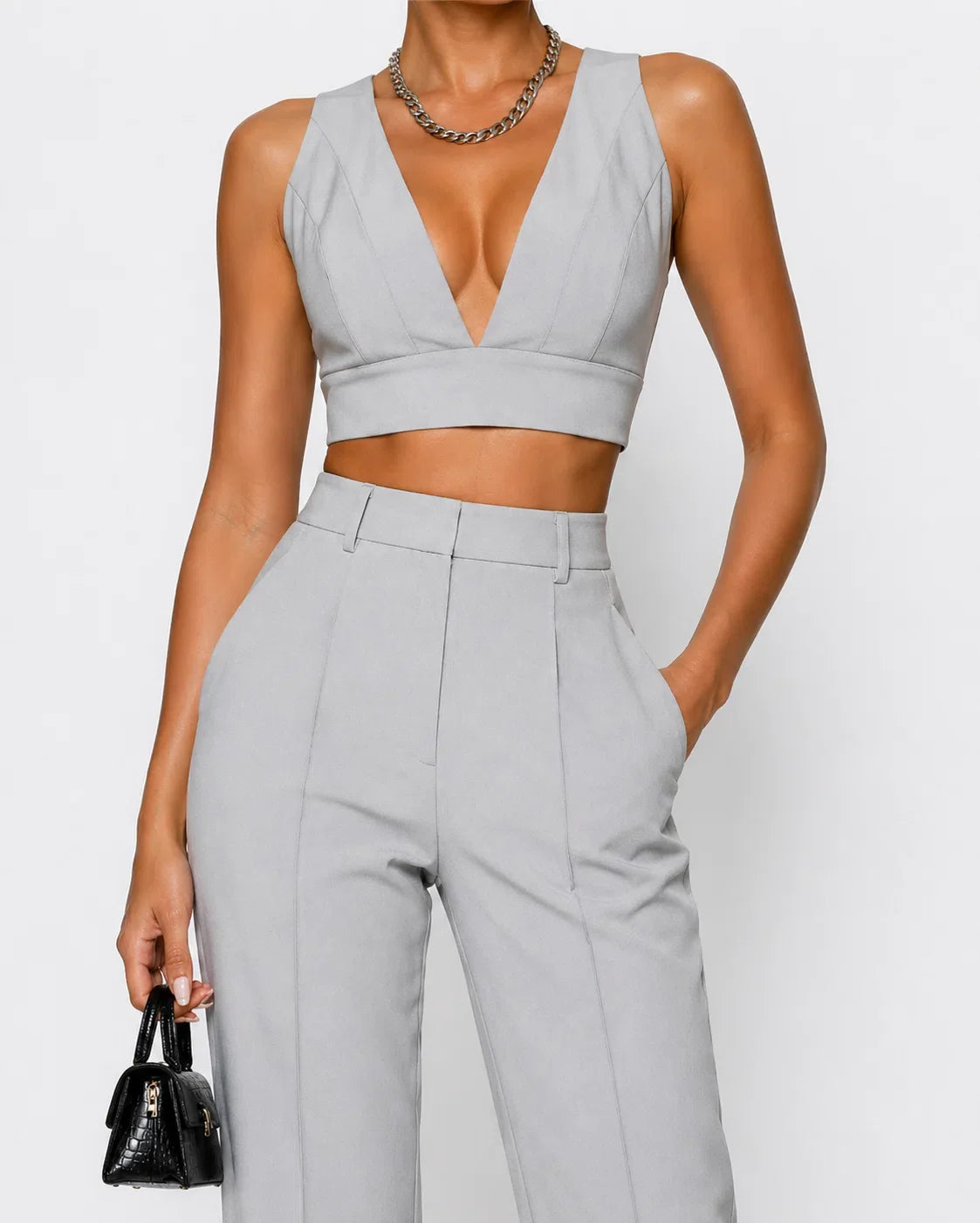 Elegant Grey Tailored Crop Top & Wide-Leg Trouser Set