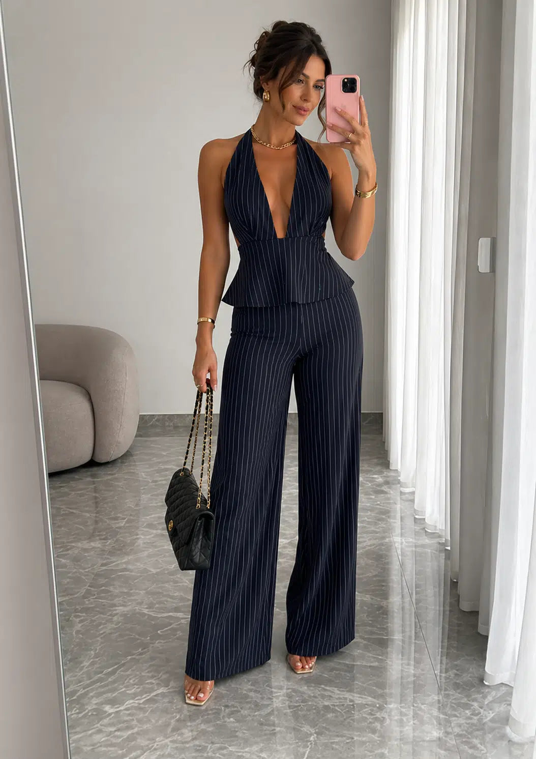 Dark Blue Pinstripe Halter Co-Ord Set