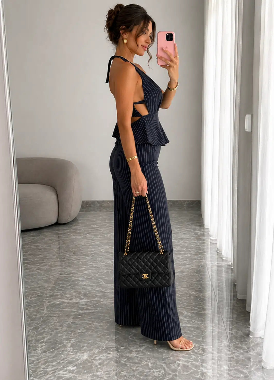 Navy Pinstripe Halter Jumpsuit