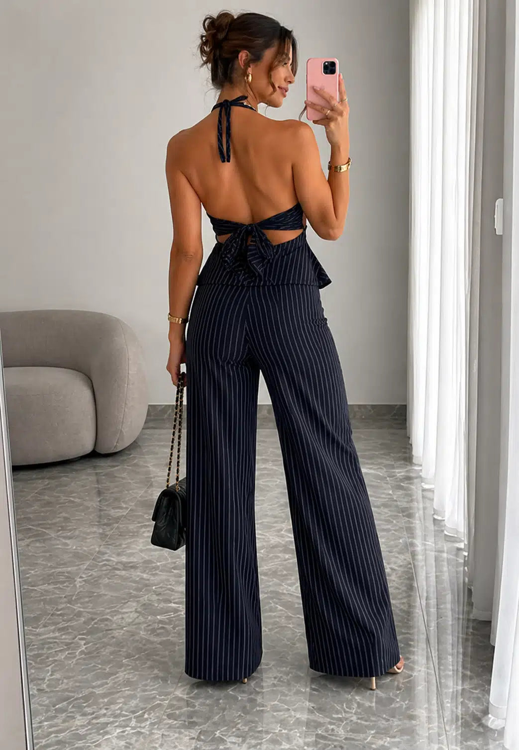 Navy Pinstripe Halter Jumpsuit