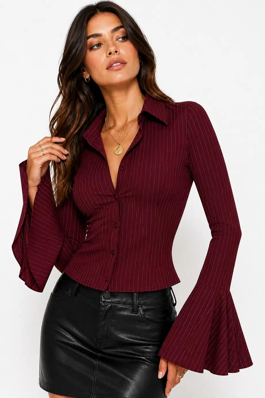 Wine Hour Bell Sleeve Button Top