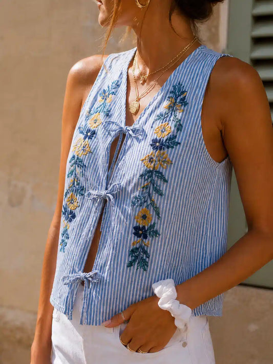 Embroidered Tie Front Sleeveless Top