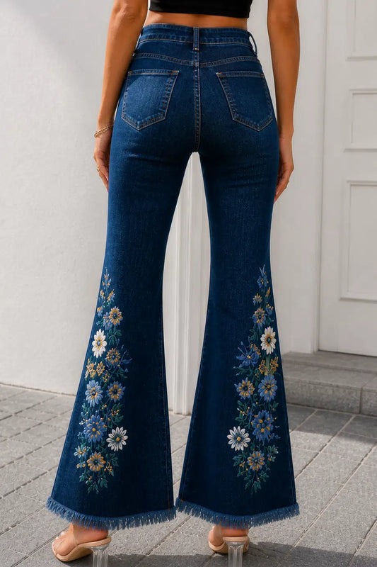 Dark Wash Floral Wide Leg Denim Jeans