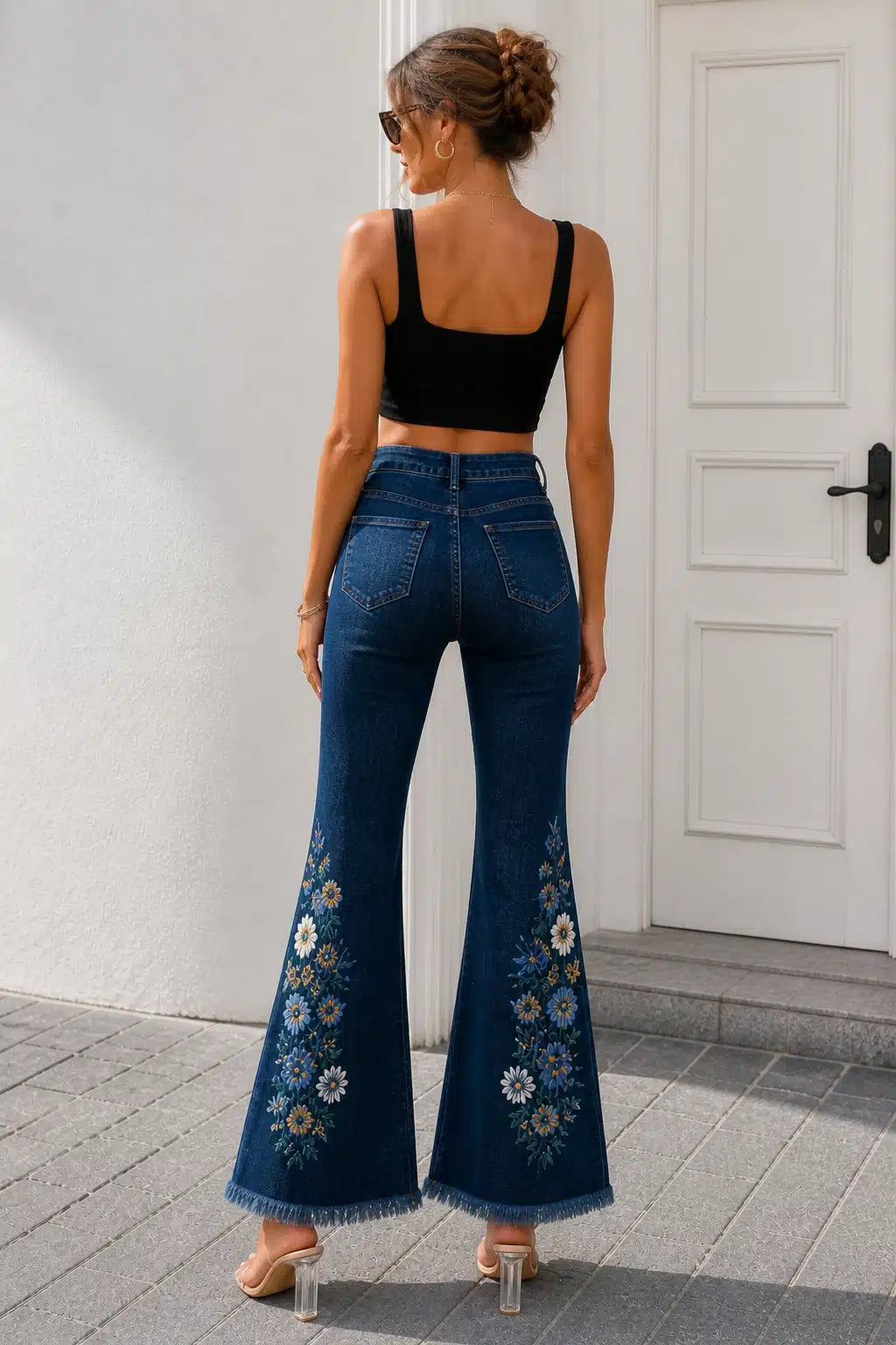 Dark Wash Floral Wide Leg Denim Jeans