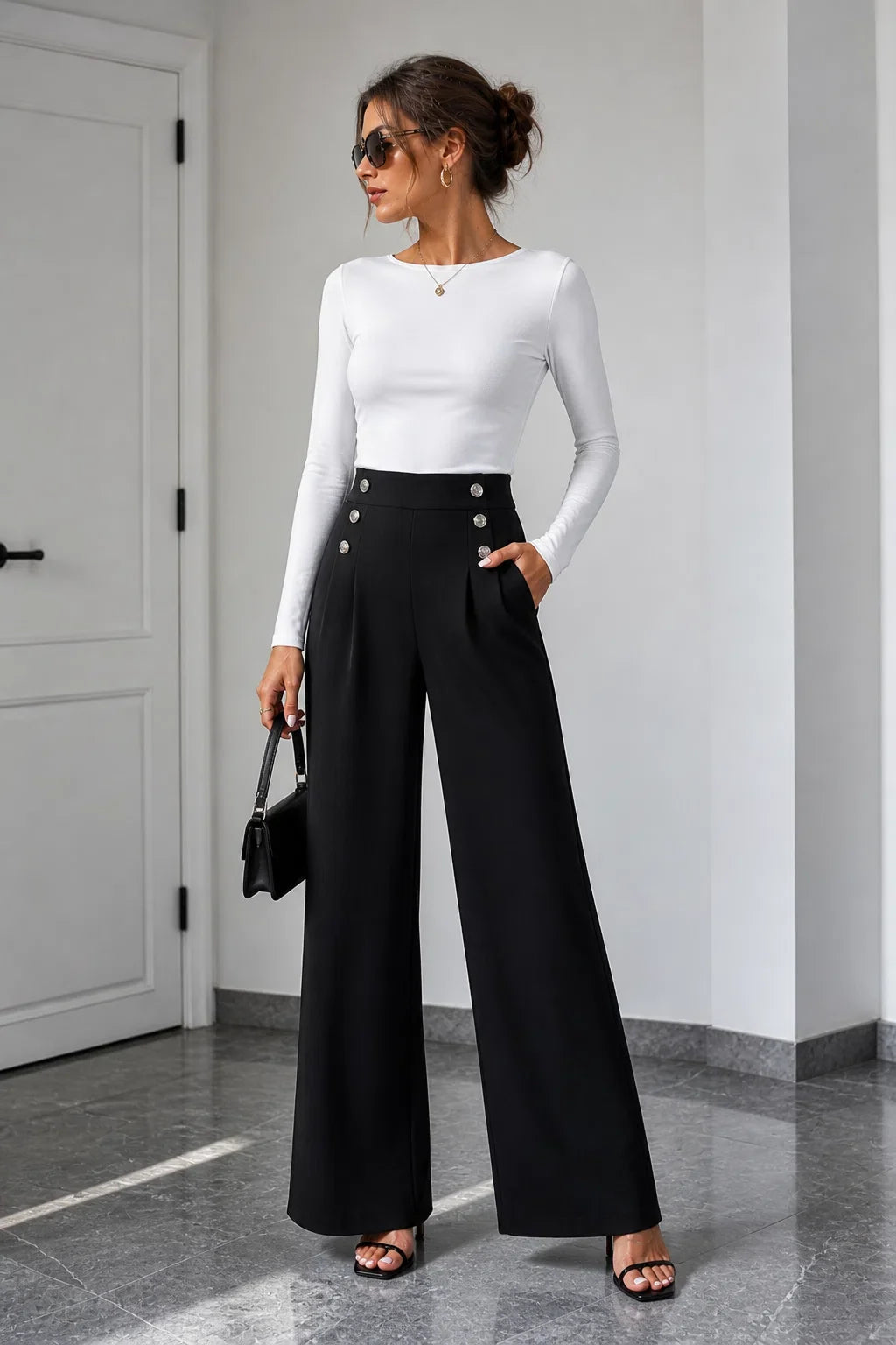 Elegant High Waist Wide Leg Black Pants