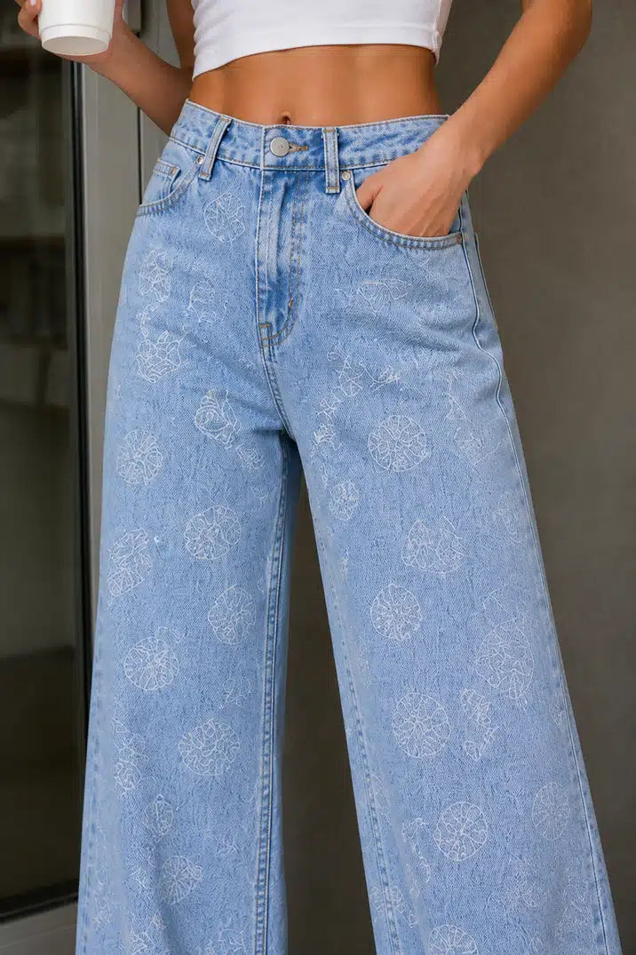 Printed Wide Leg Denim Jeans