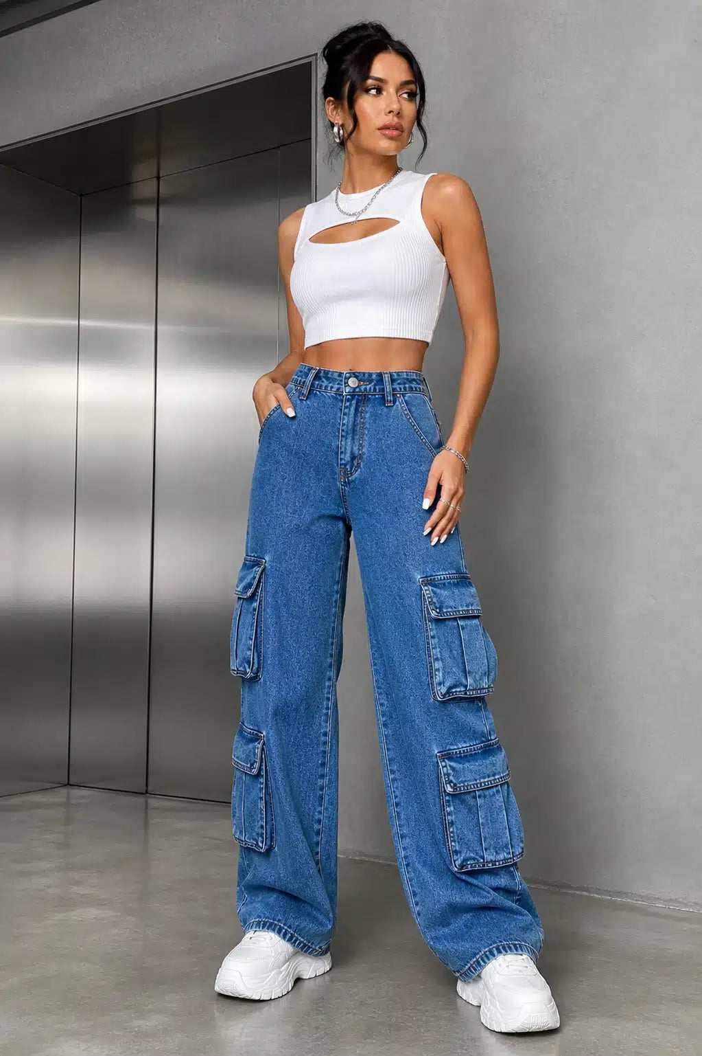 Blue Cargo Straight Leg Denim Jeans