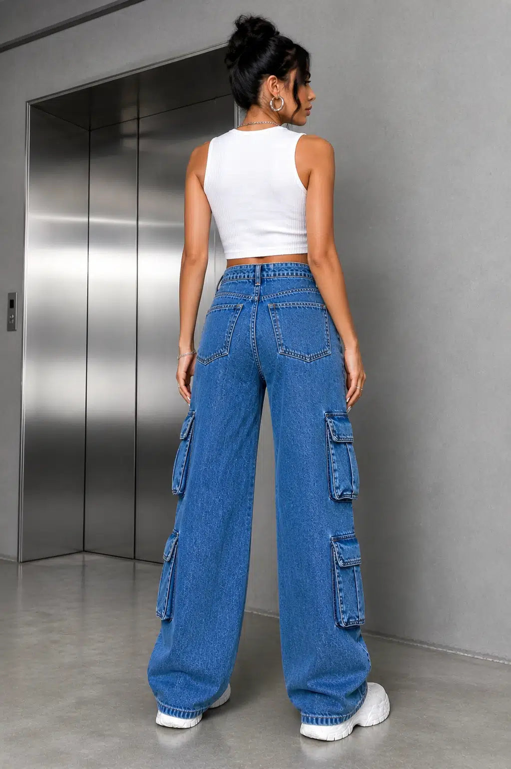 Blue Cargo Straight Leg Denim Jeans
