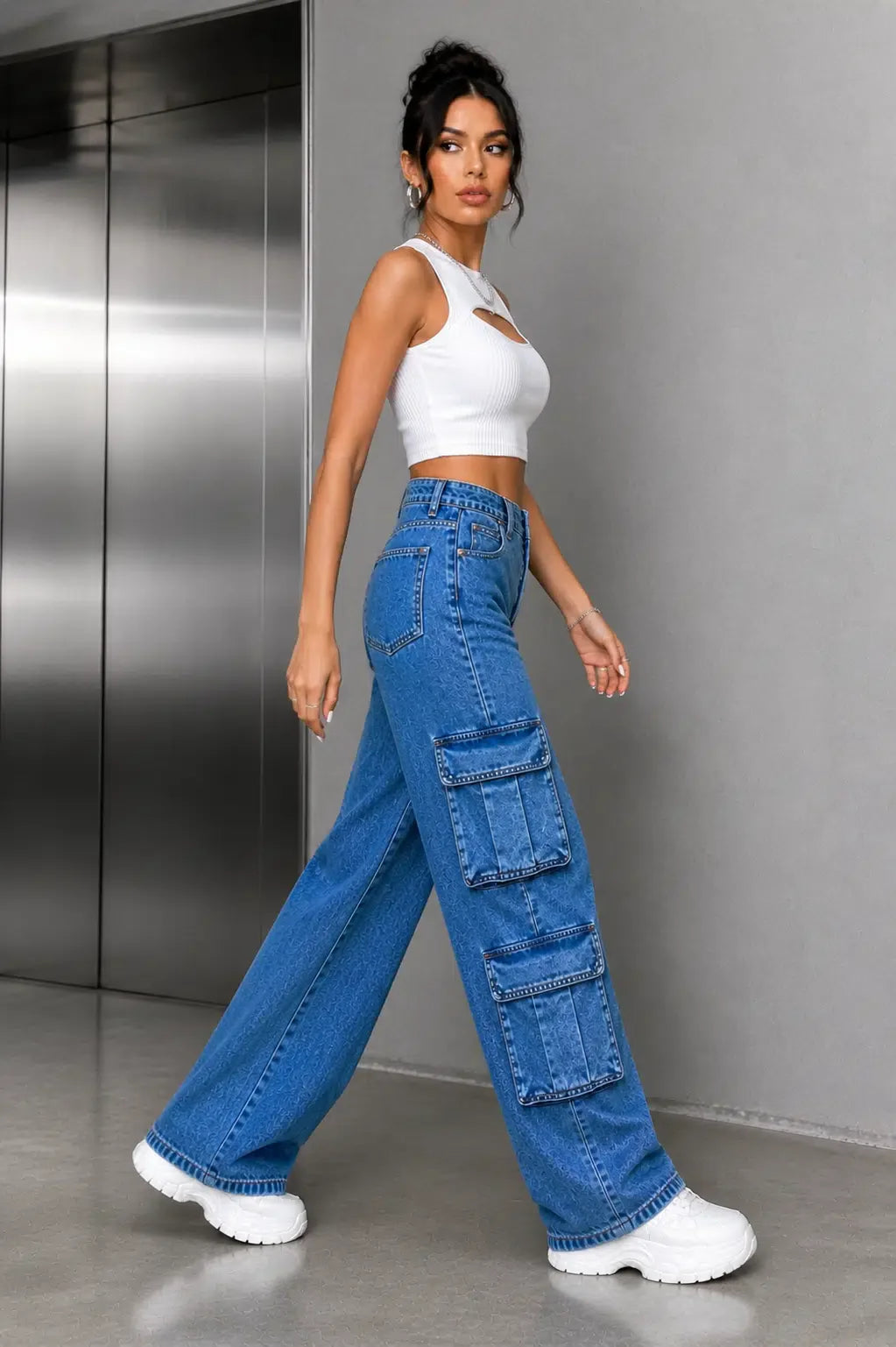 Blue Cargo Straight Leg Denim Jeans
