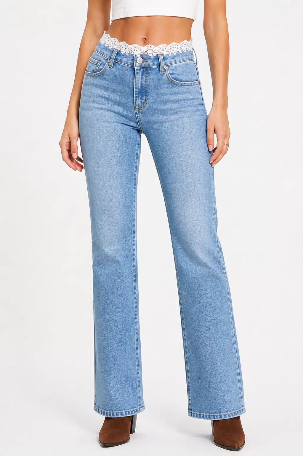 Lace Waist Straight Fit Denim Jeans