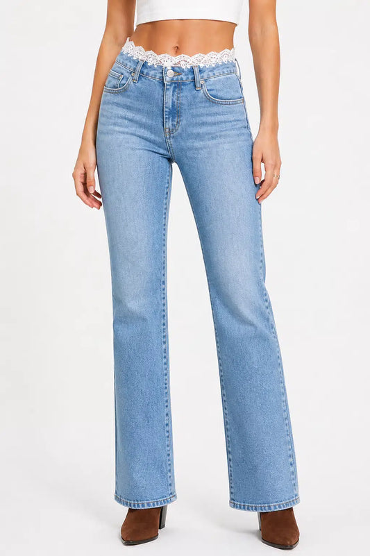 Lace Waist Straight Fit Denim Jeans