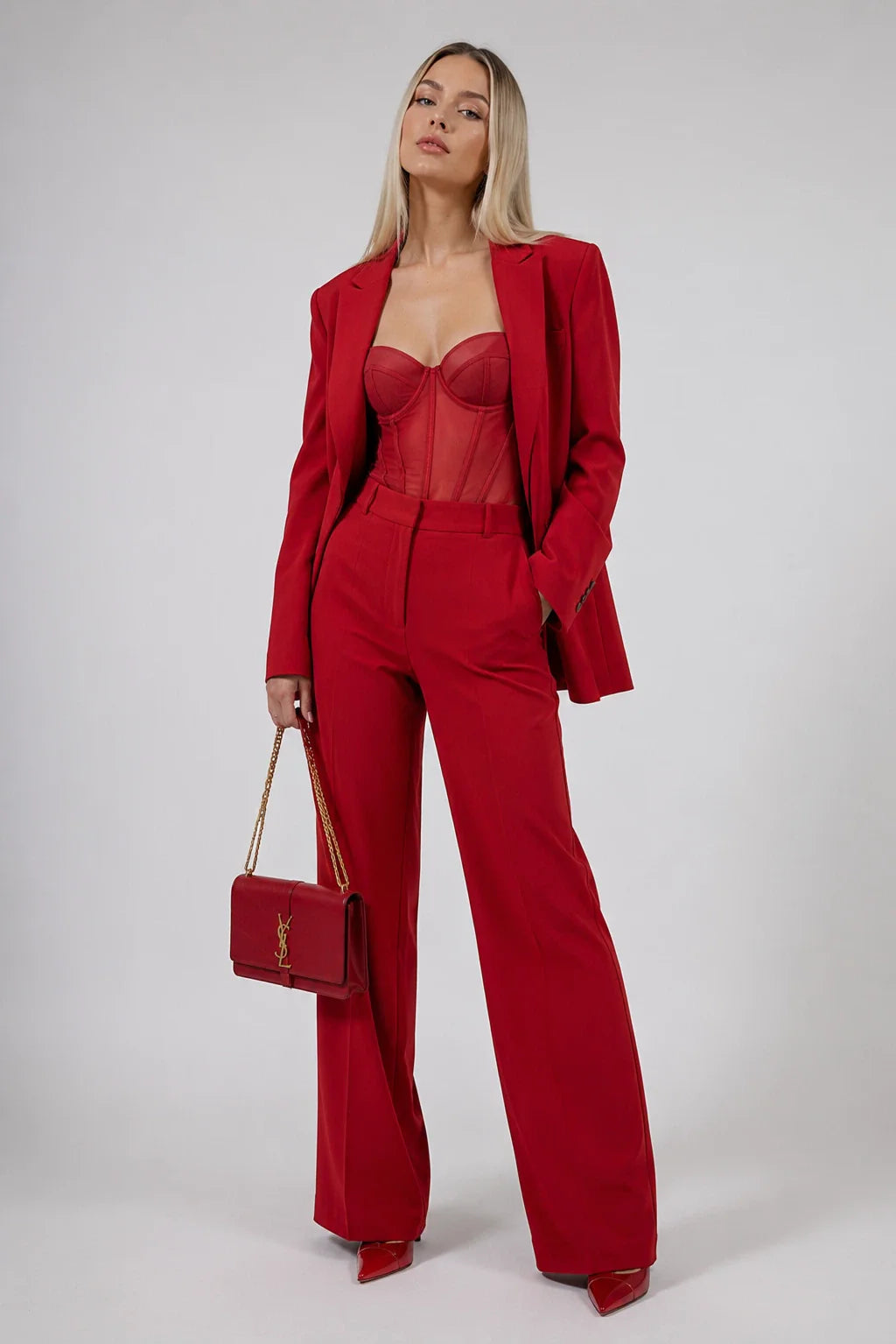 Red Blazer and Wide Leg Pants Set