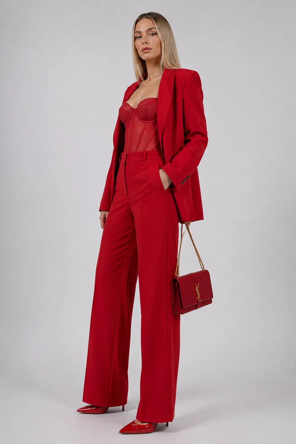 Red Blazer and Wide Leg Pants Set