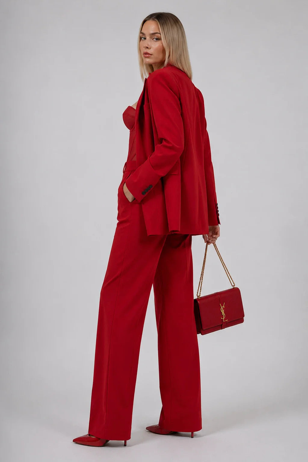 Red Blazer and Wide Leg Pants Set