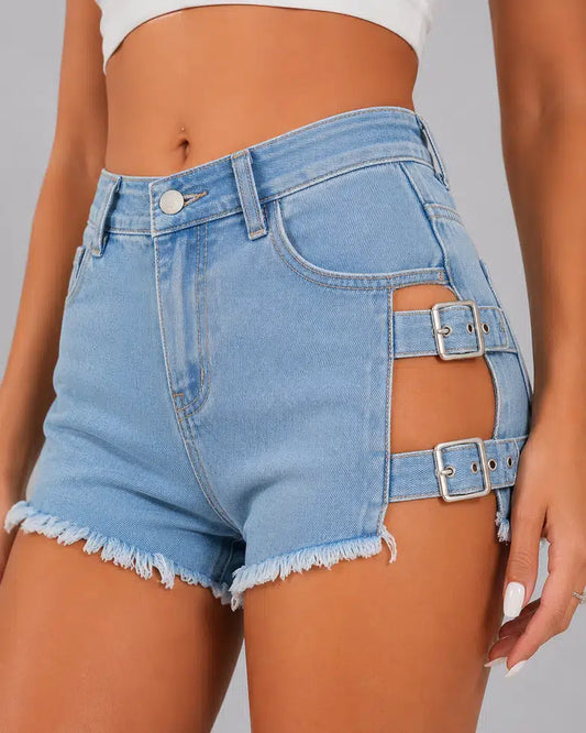 Buckle Side Cut-Out Denim Shorts