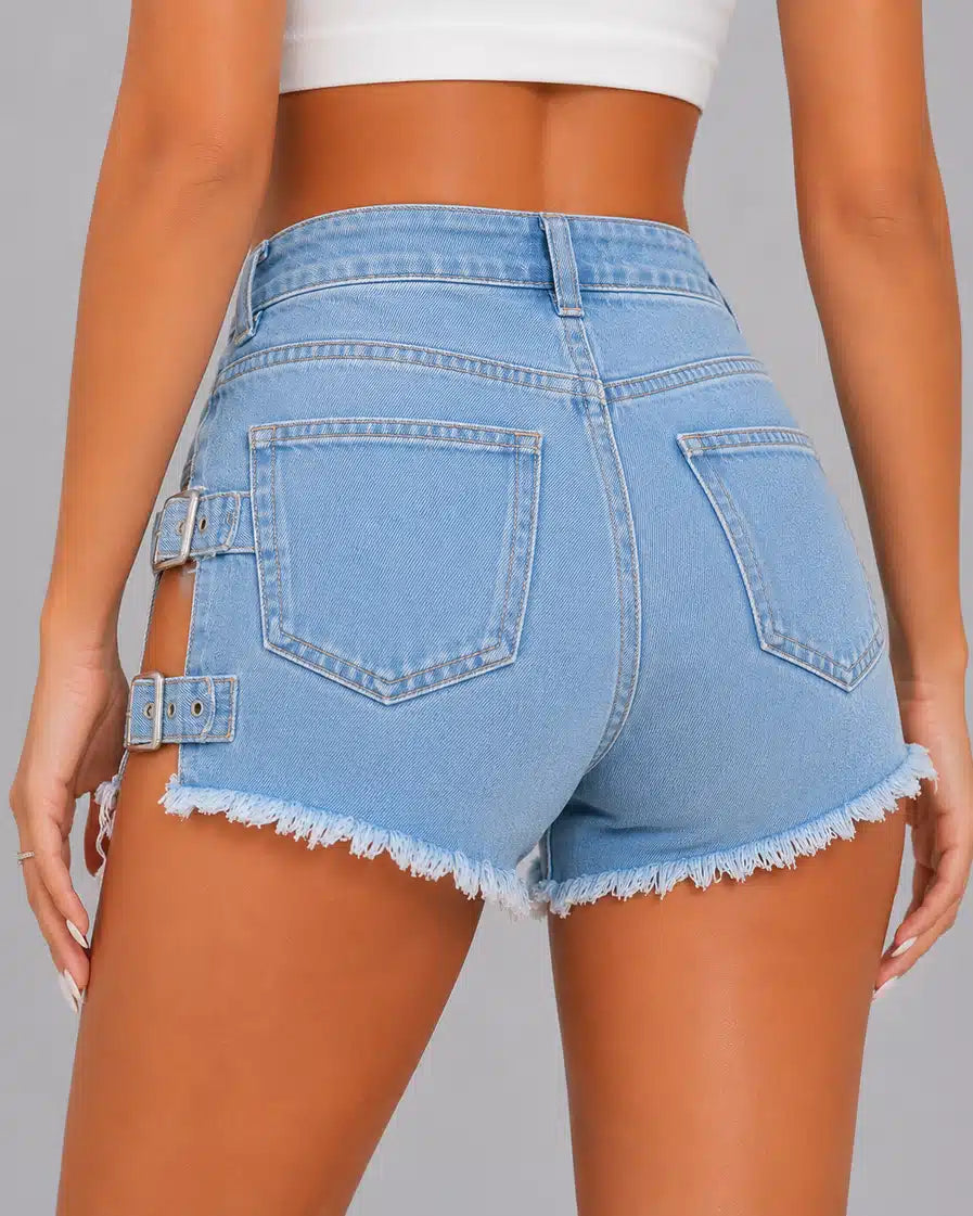 Buckle Side Cut-Out Denim Shorts