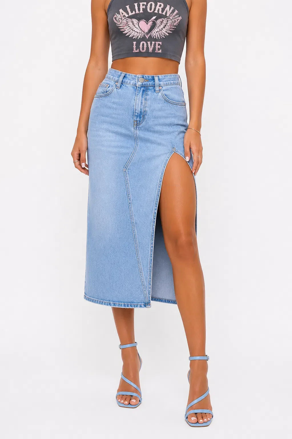 Chic High Slit Denim Midi Skirt