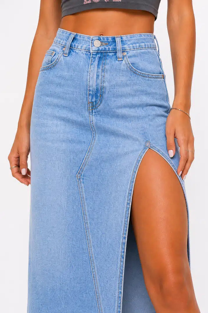 Chic High Slit Denim Midi Skirt