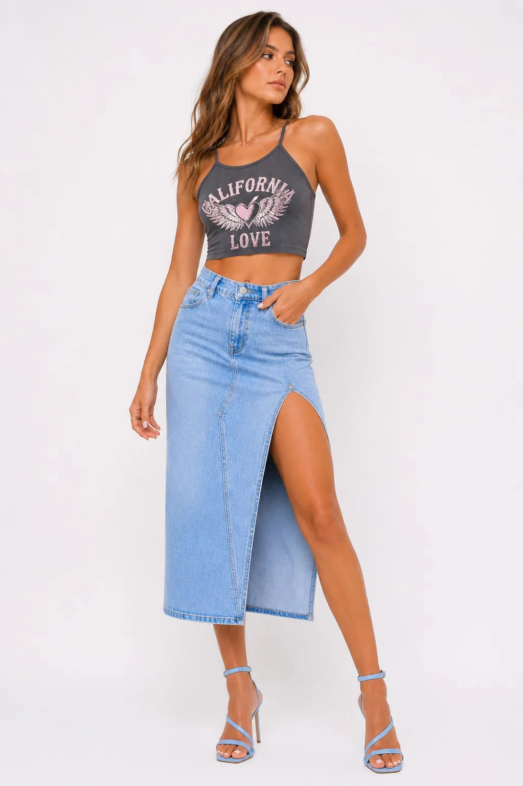 Chic High Slit Denim Midi Skirt