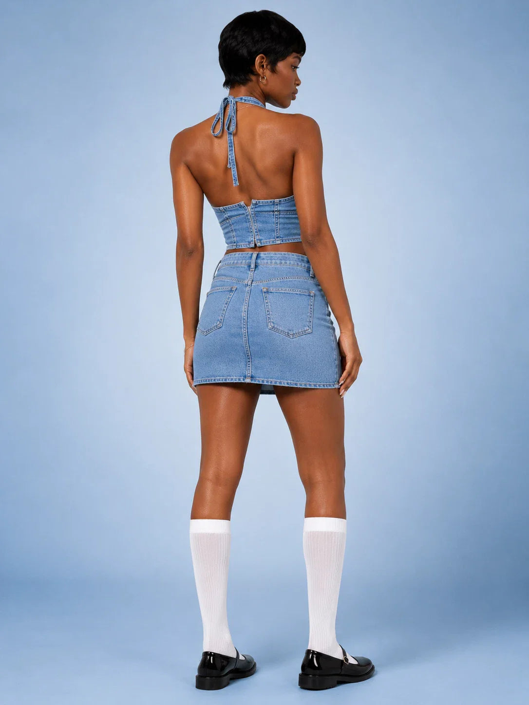 Vintage Wash Denim Halter Skirt Set