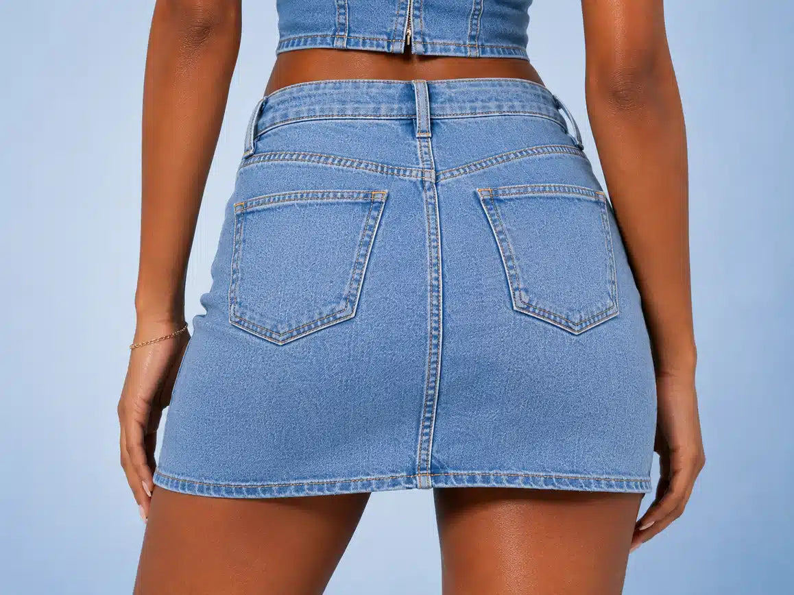 Vintage Wash Denim Halter Skirt Set