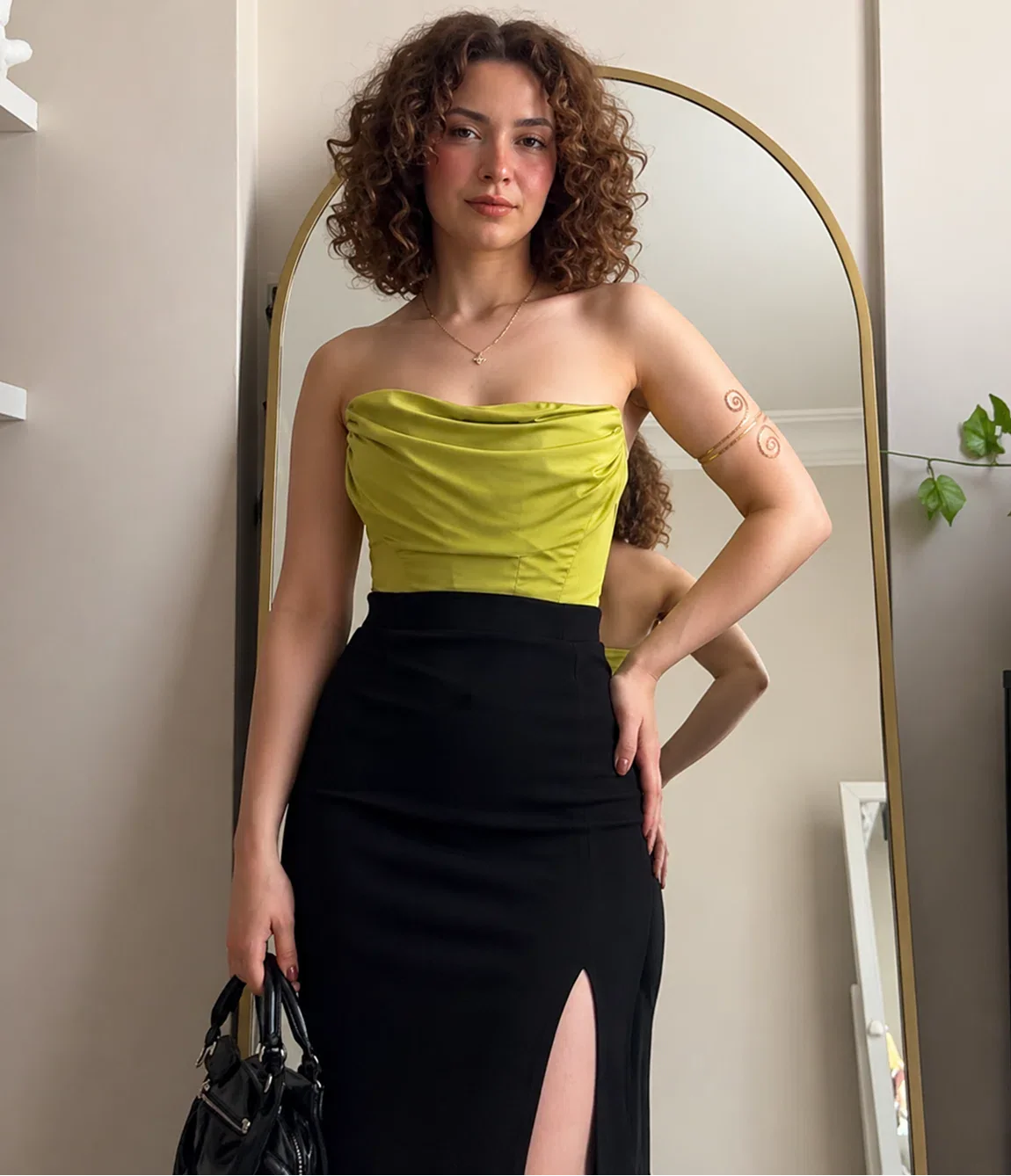 Elegant Olive Corset Top and Black Slit Maxi Skirt Set