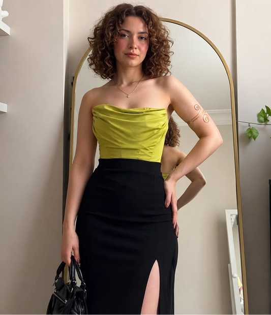 Elegant Olive Corset Top and Black Slit Maxi Skirt Set