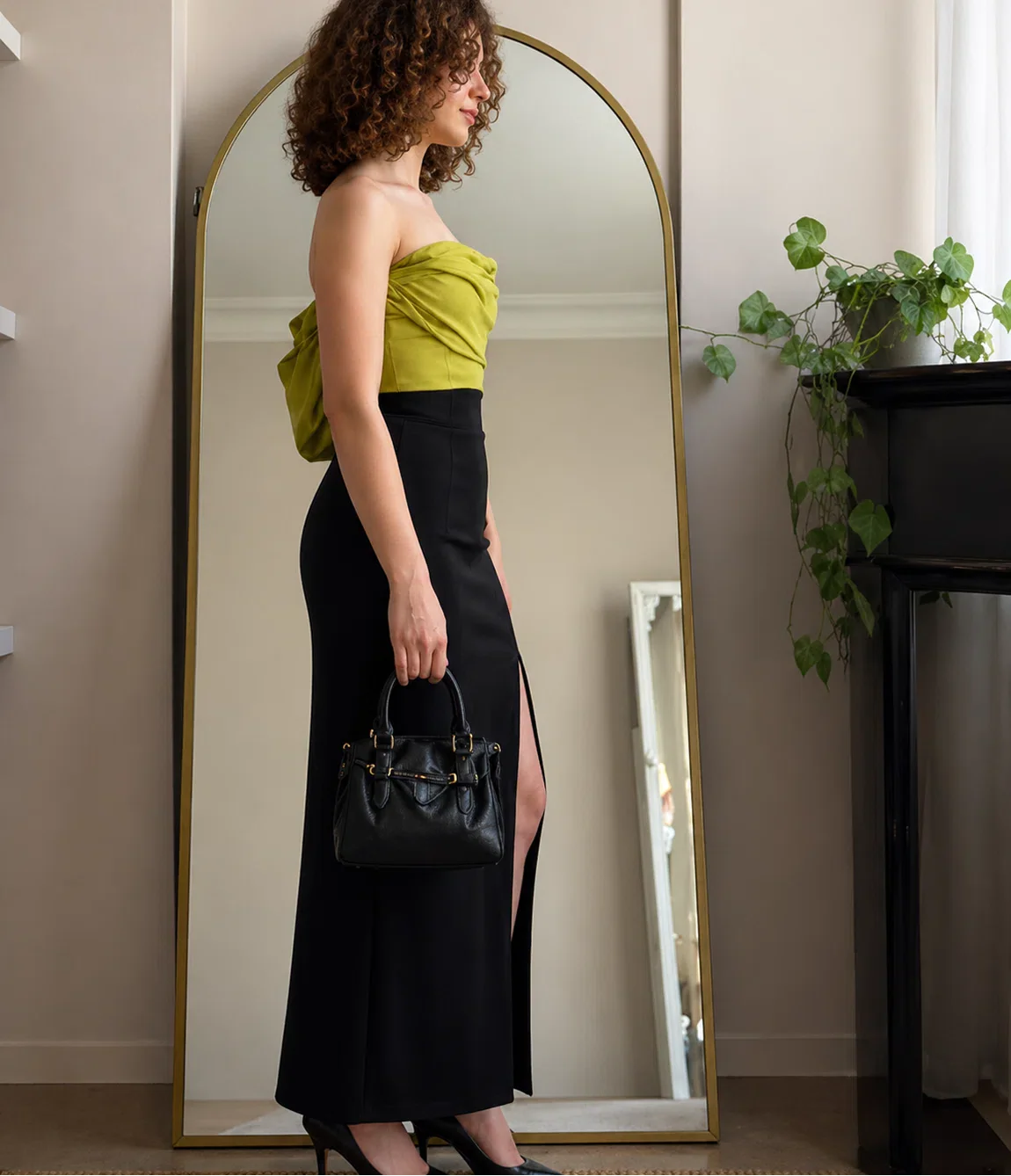 Elegant Olive Corset Top and Black Slit Maxi Skirt Set