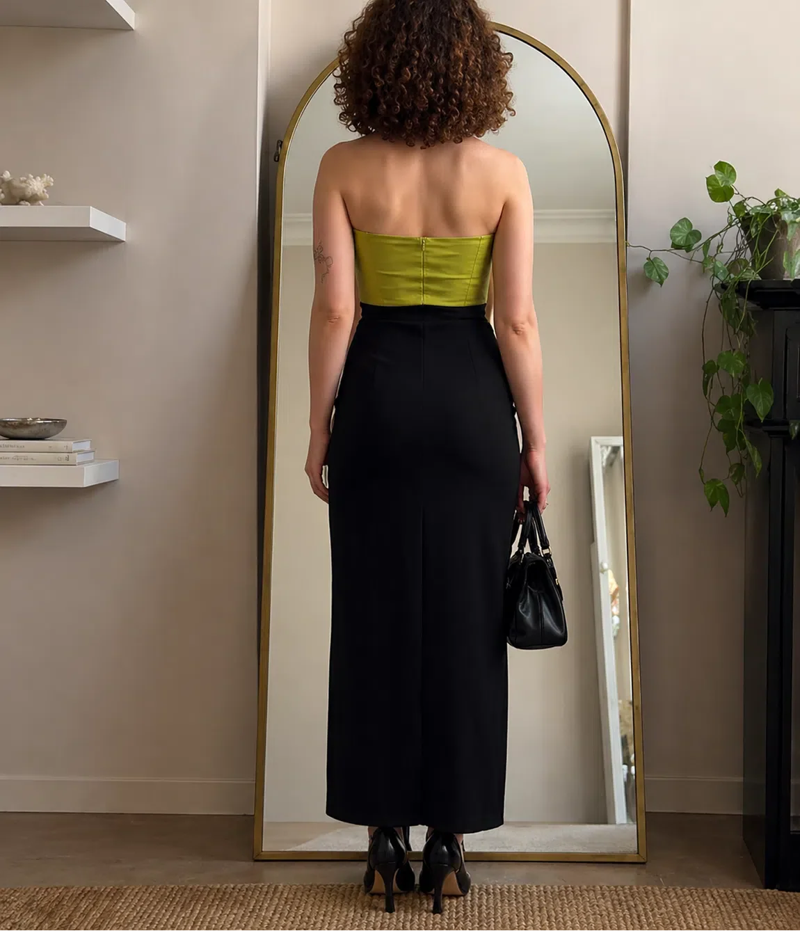 Elegant Olive Corset Top and Black Slit Maxi Skirt Set